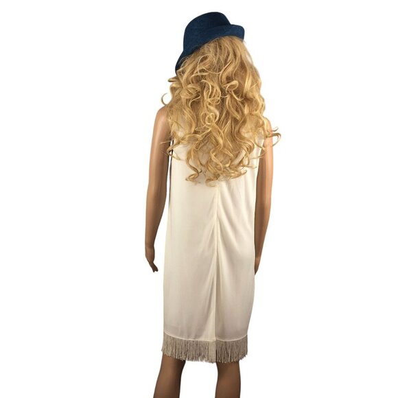 Mango Sleeveless Cream/White Fringe Hem Dress V-Neckline Back Zipper - Picture 2 of 8